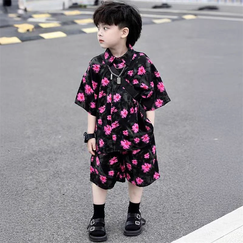 痞帅男童韩范港风花衬衫套装儿童夏季2025新款男孩小少爷短袖短裤
