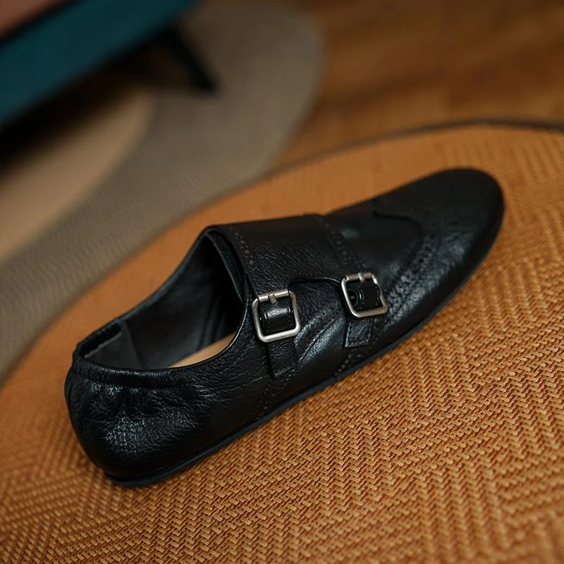 雕花工艺～！复古皮带扣布洛克鞋一脚蹬乐福鞋女平底单鞋