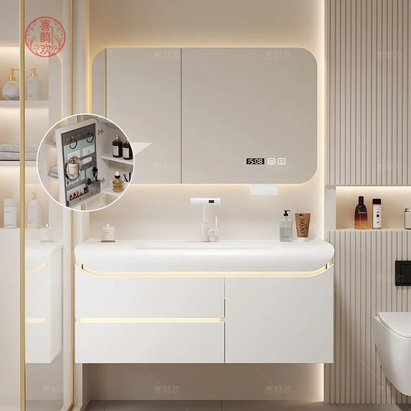 新款圆弧形浴室柜智能浴室柜组合实木肤感一体盆柜悬挂式洗脸盆柜