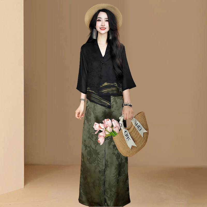 新中式时尚百搭套装女2026年夏季新款宽松遮肉小衫阔腿长裤两件套