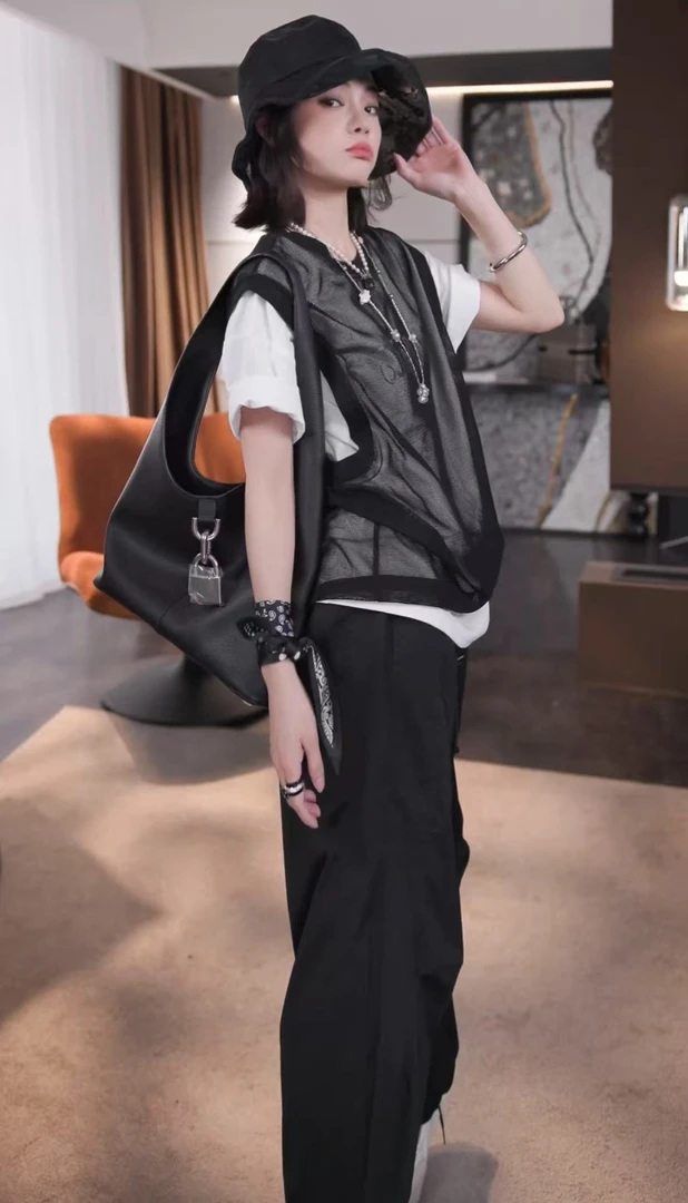 BANINGNA-2025欧货夏季设计款慵懒拼接拼色宽松假两件T恤55177