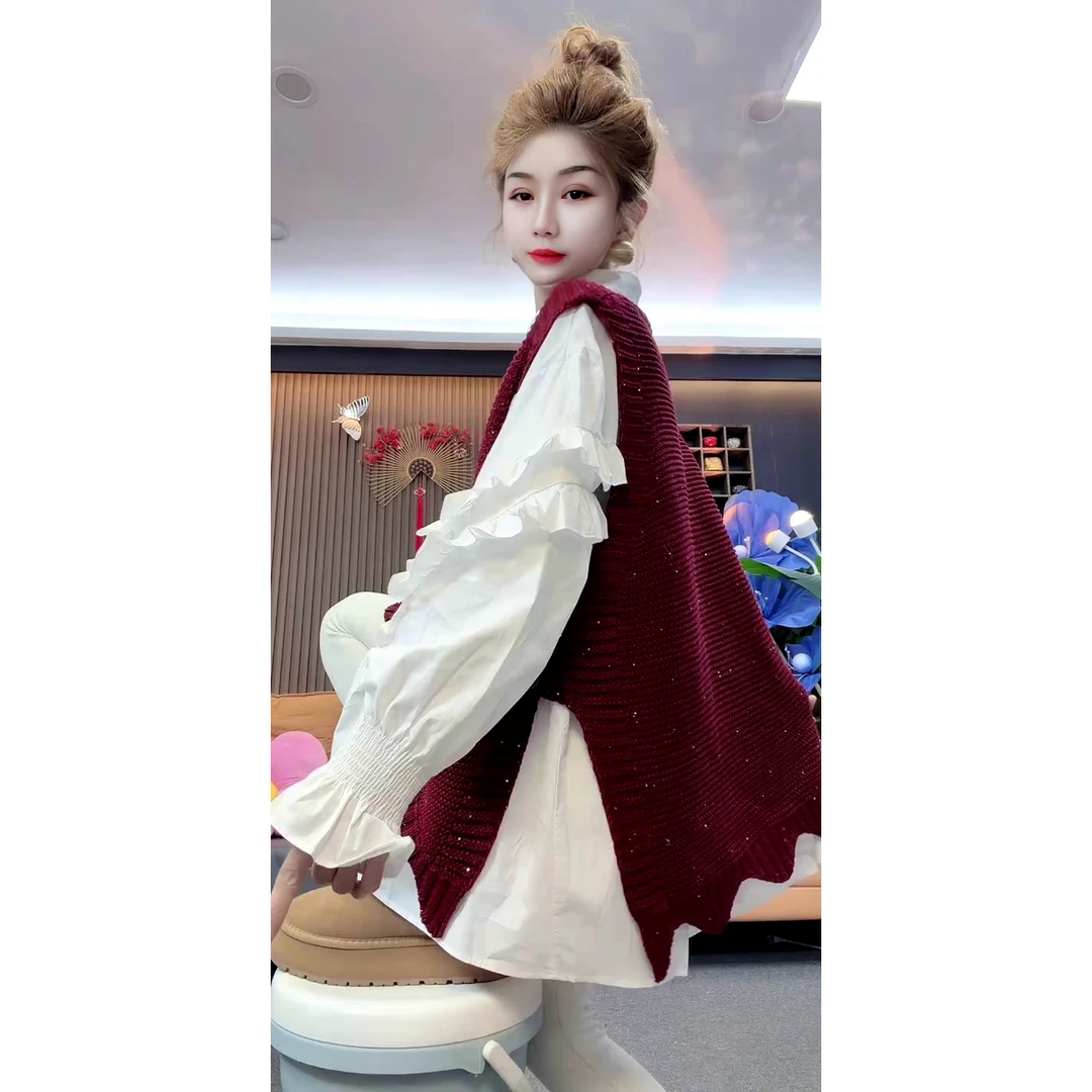 不规则V领亮片侧边扣设计针织马甲冬季宽松显瘦洋气背心马甲