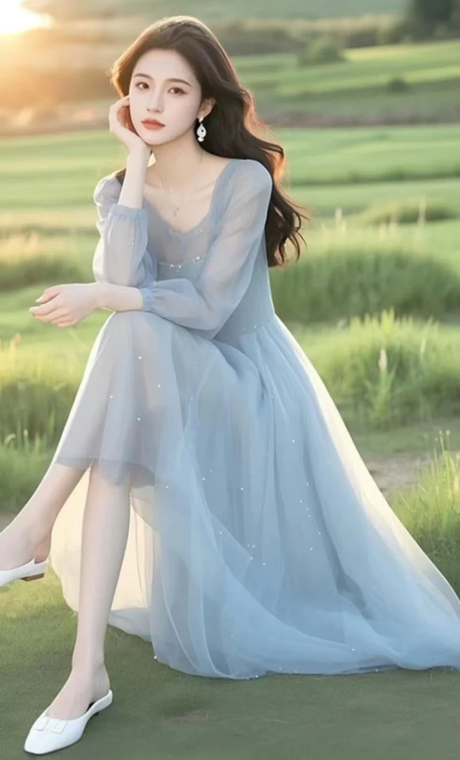 L937春季法式绝美温柔风气质高级感超好看纱纱点星连衣裙显瘦