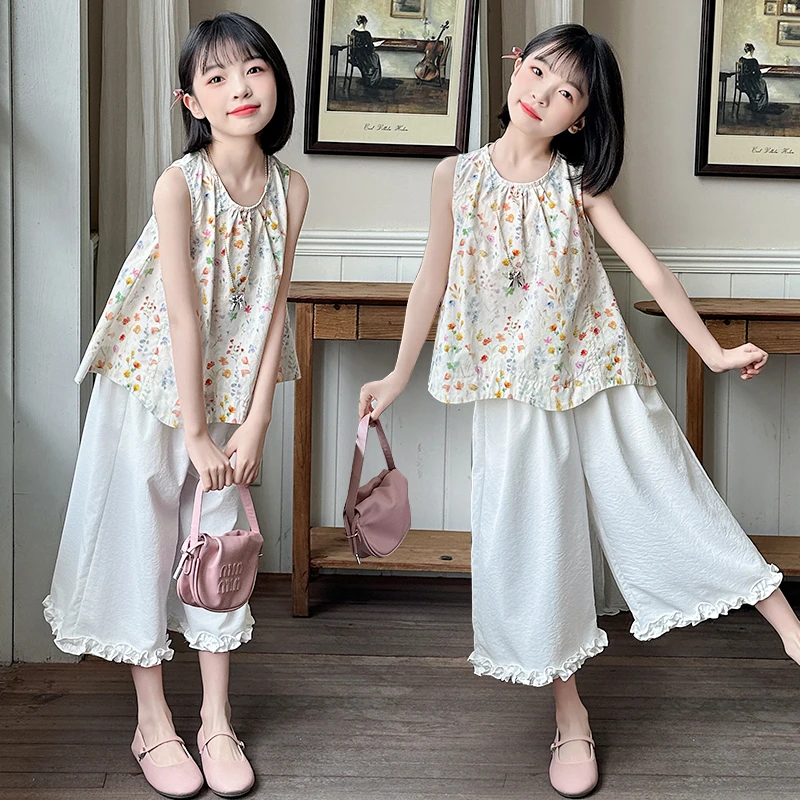 千金风常规碎花女童夏季套装洋气上衣时尚宽松薄款大童休闲无袖