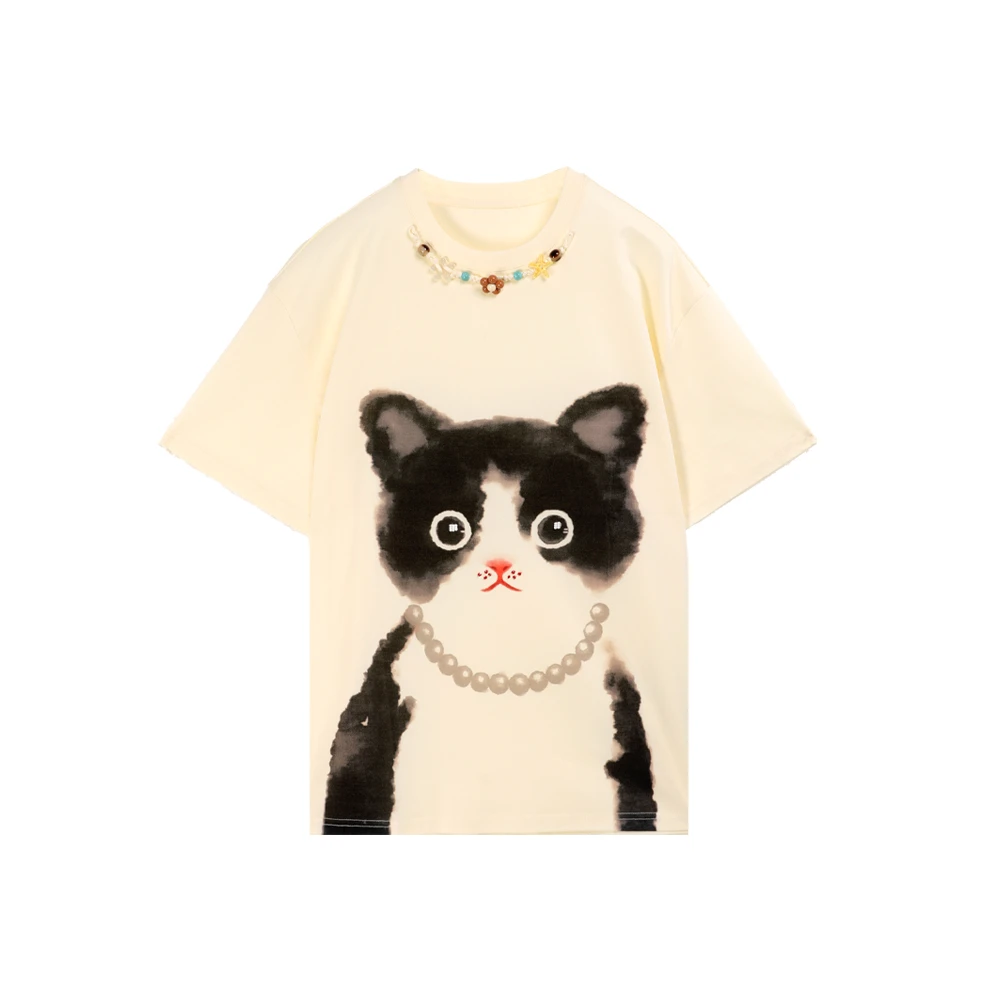 RATX63116减龄猫咪印花T恤2025夏季新款慵懒休闲宽松圆领上衣女