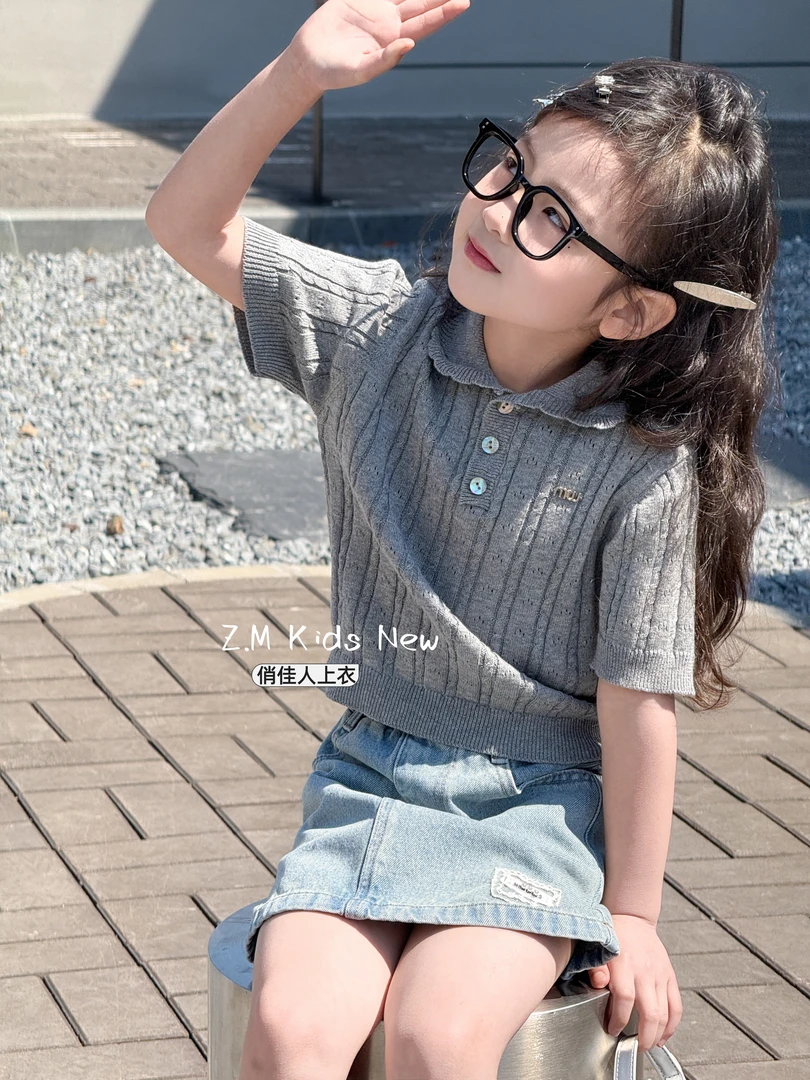 【俏佳人】2025儿童夏季T恤灰色翻领针织上衣女童短袖N-65081