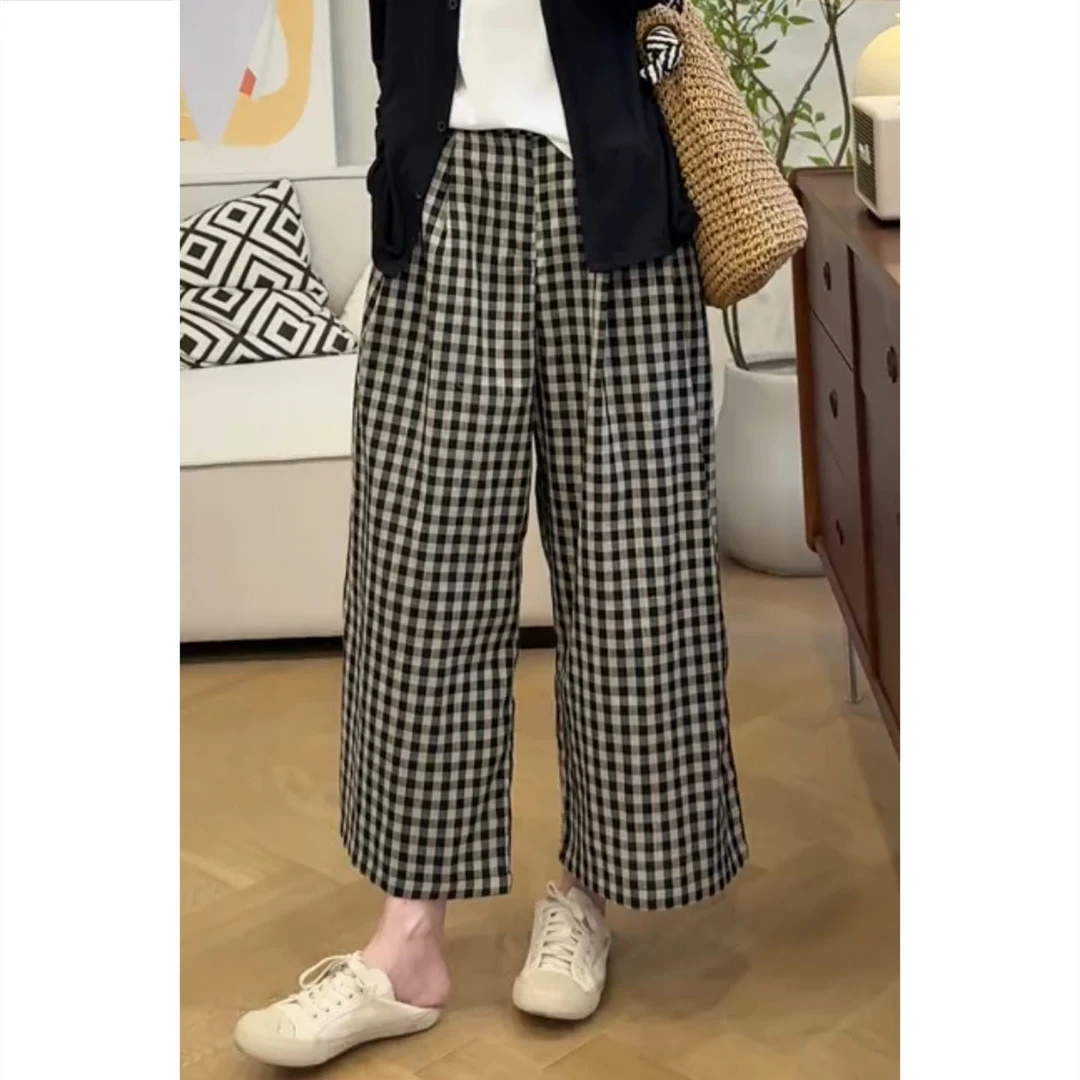 艾塔莉时尚极简风阔腿裤显瘦修身高腰格子裤休闲裤复古薄款夏季女