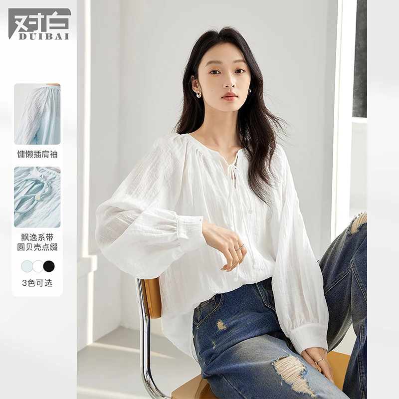D01对白法式皱感系带V领长袖白衬衫女泡泡袖FDC017