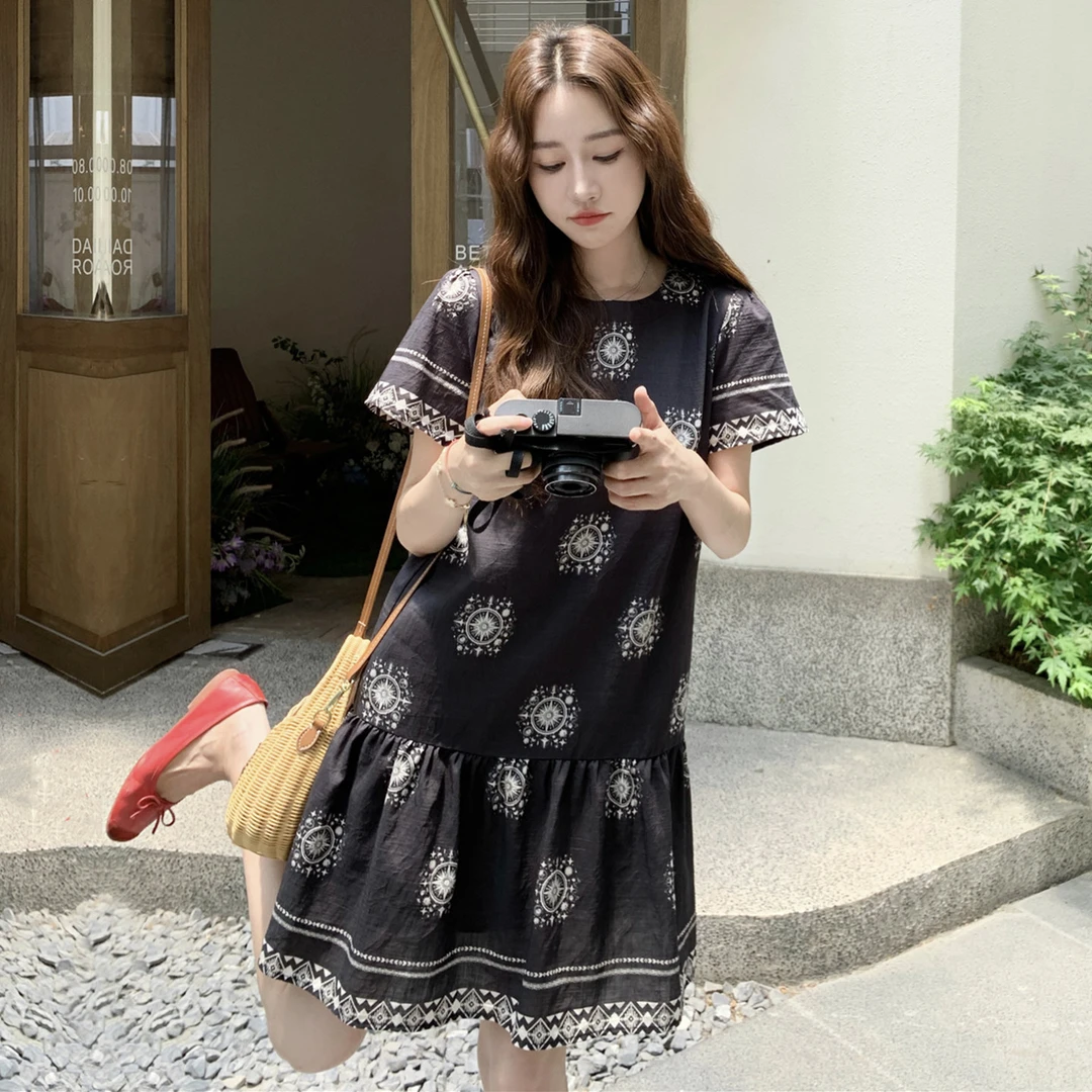 温柔系民族风轻薄印花在逃公主裙夏季新款小个子甜美减龄连衣裙女