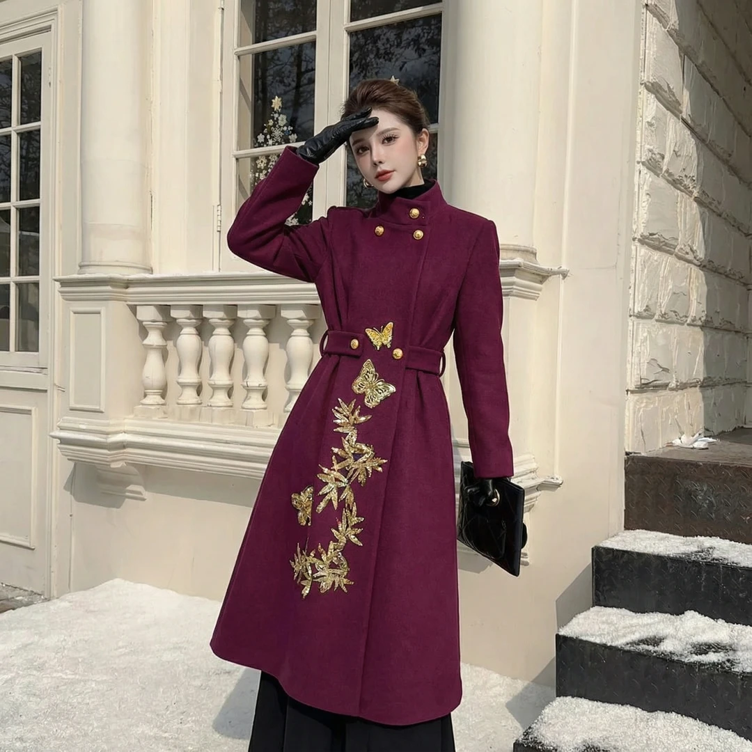 【芙娜妮】2025秋冬刺绣休闲风中长款海葵紫女装大衣外套FG2531217A