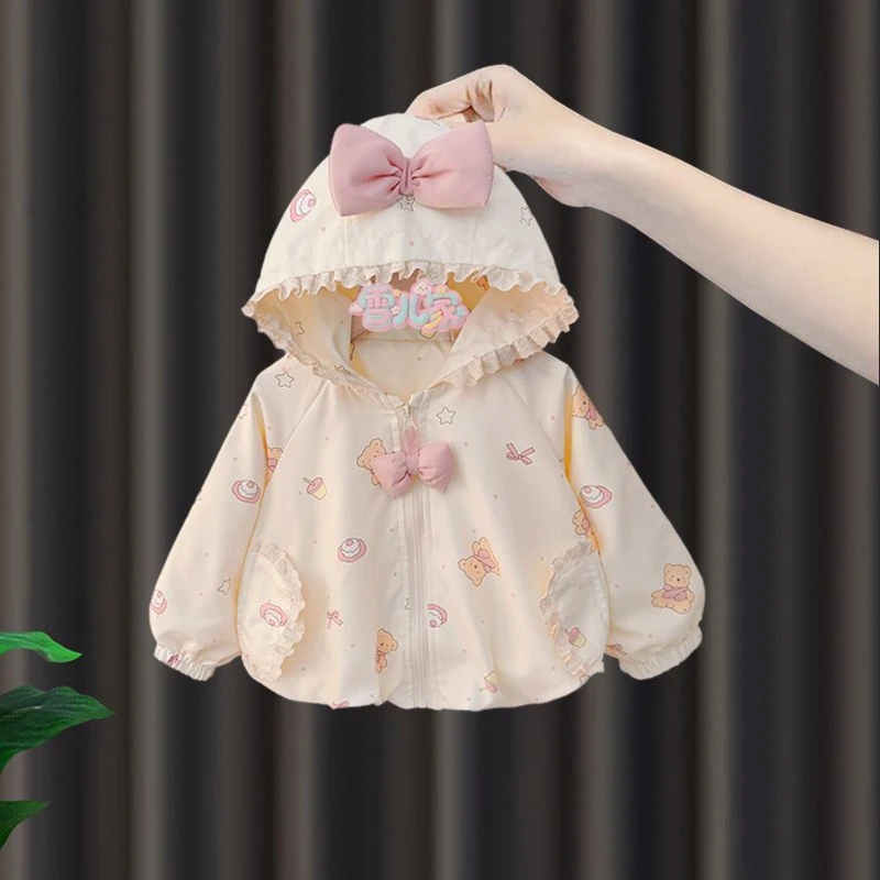 宝宝外套秋季新款女童小熊花边连帽风衣婴儿长袖衣服甜美公主上衣