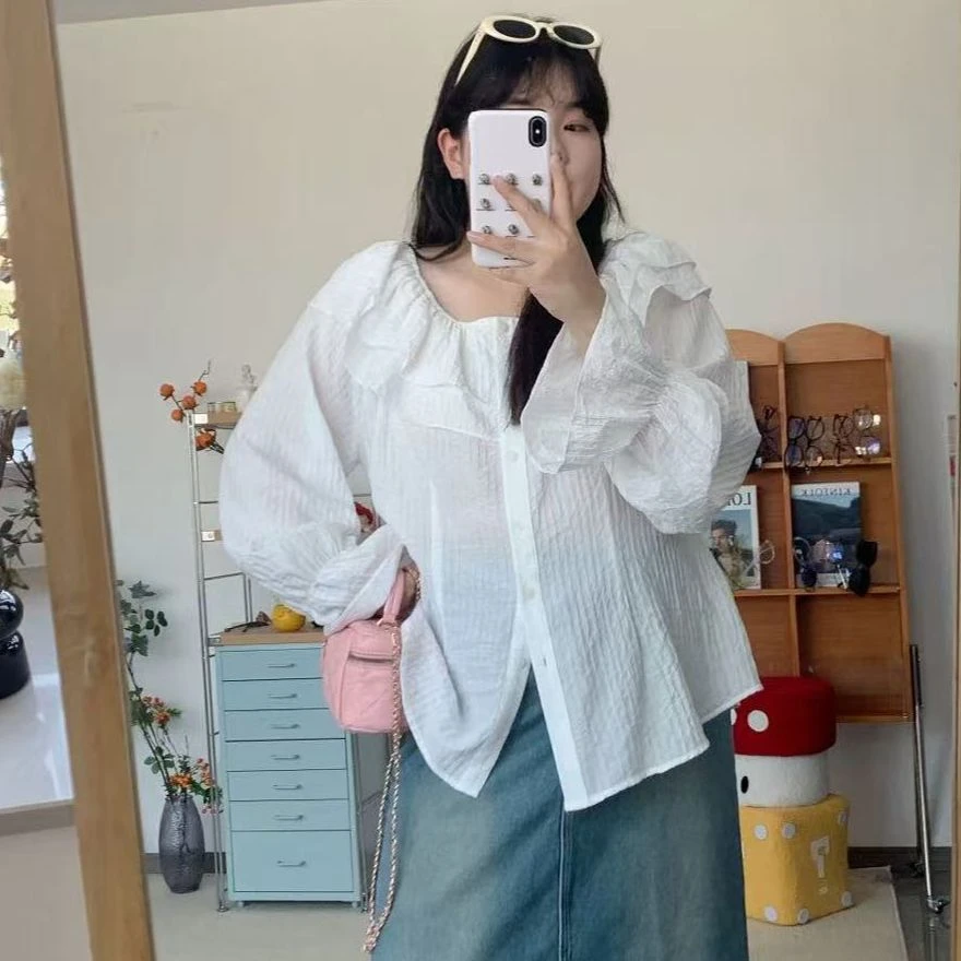 37525胖MM法式荷叶领长袖衬衫秋季新款洋气大码显瘦上衣