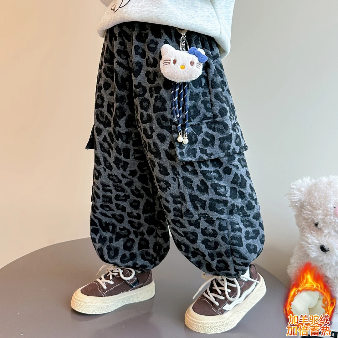 女童加绒豹纹裤子儿童秋冬装新款女宝宝一体绒休闲裤子小女孩时髦