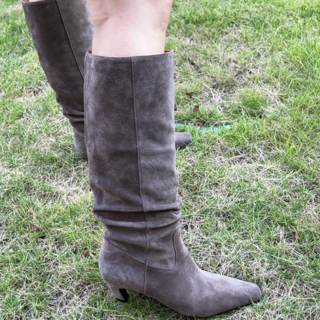 时尚秋冬尖头低跟长筒靴气质百搭女靴复古不过膝