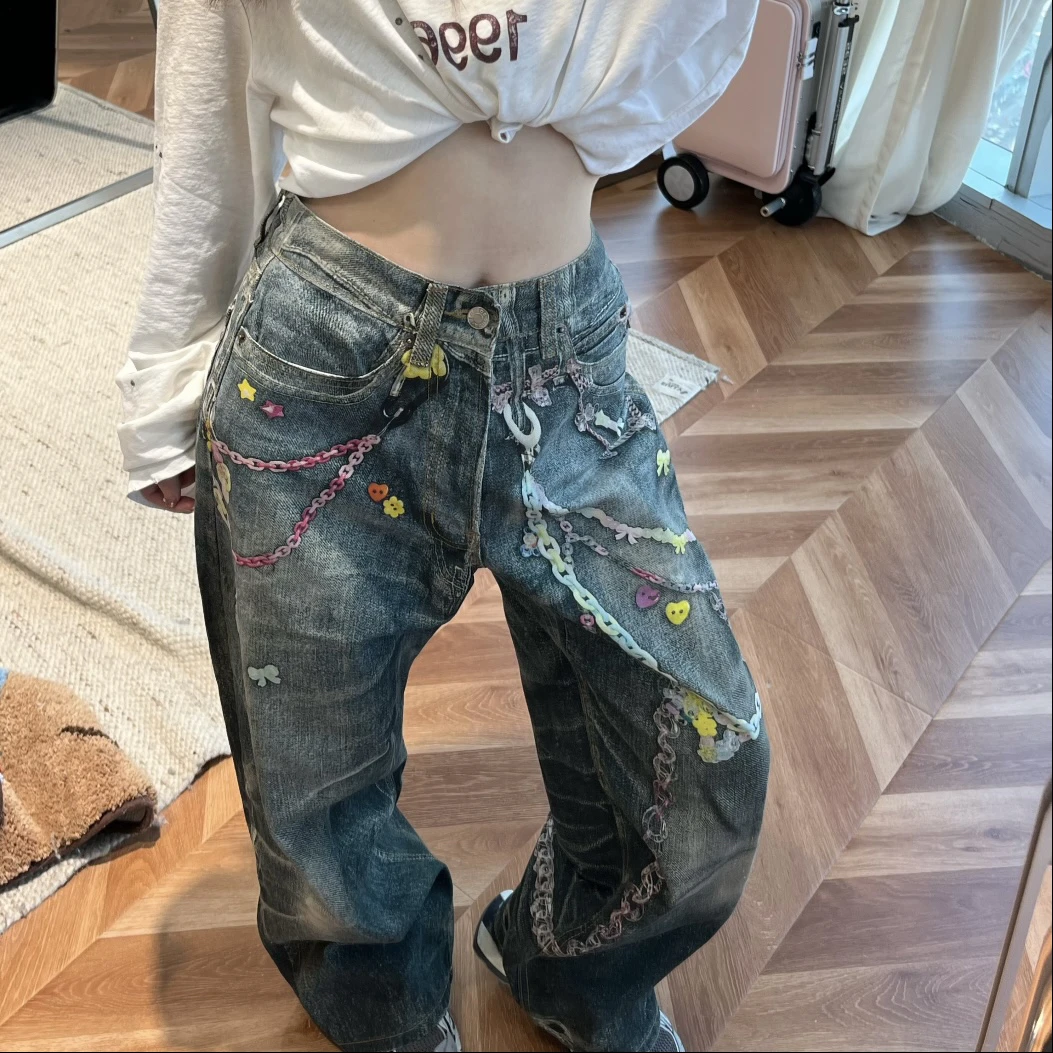 Jennie同款糖果裤宽松3D链条印花阔腿直筒牛仔裤龚俊同款