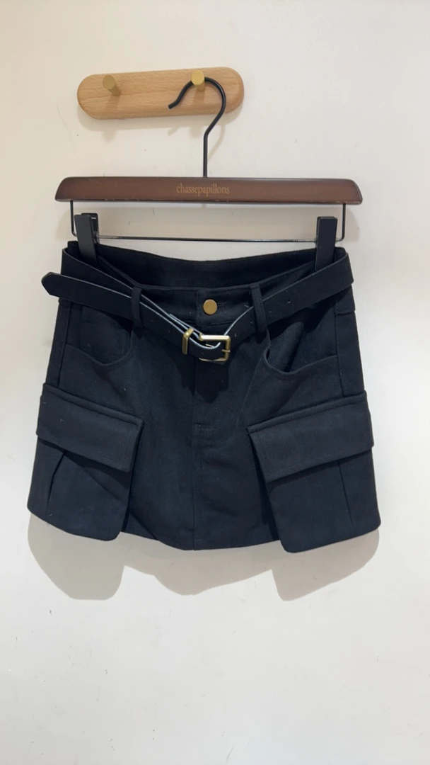 半身裙高腰短裙口袋百褶不规则A字黑色半裙裙子休闲皮裙百搭