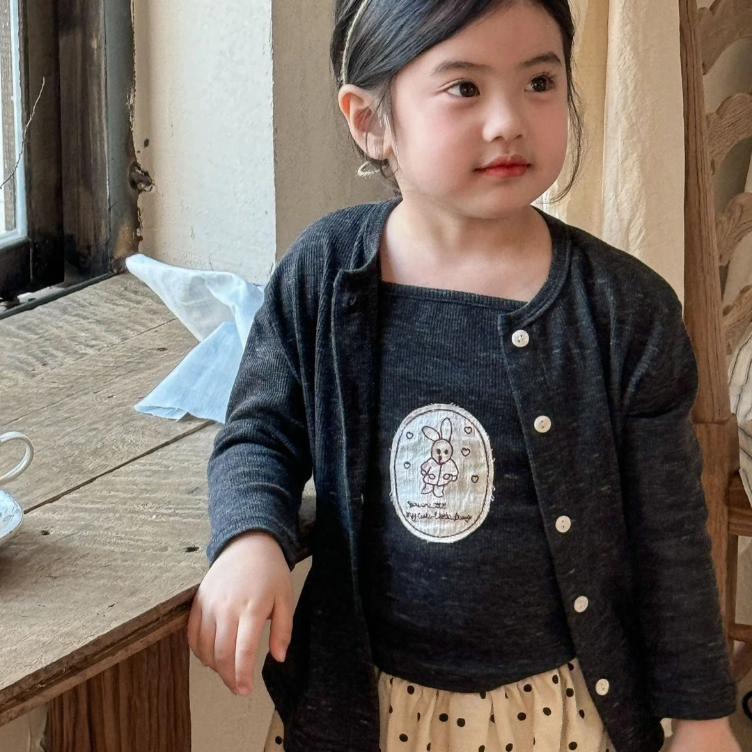 2025春季长袖韩国童装韩版女童可爱卡通印花背心+开衫外套