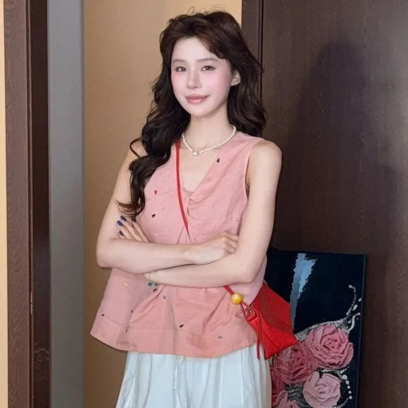 上衣女背心2025夏季新款法式扭结时尚百搭刺绣爱心无袖背心衬衣女