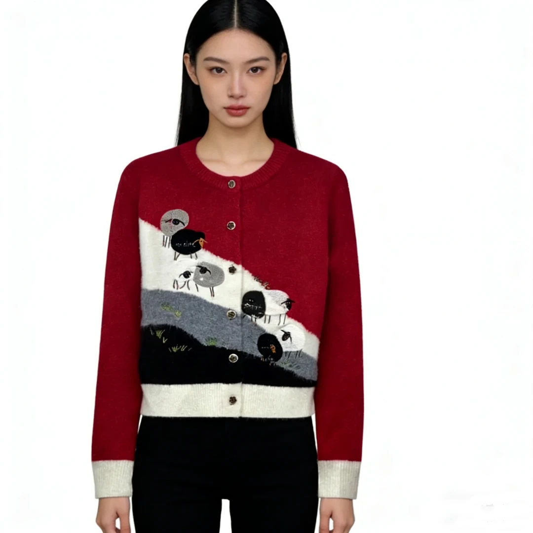 设计感减龄气质撞色长袖针织衫女秋冬新款拼色时尚百搭开衫上衣