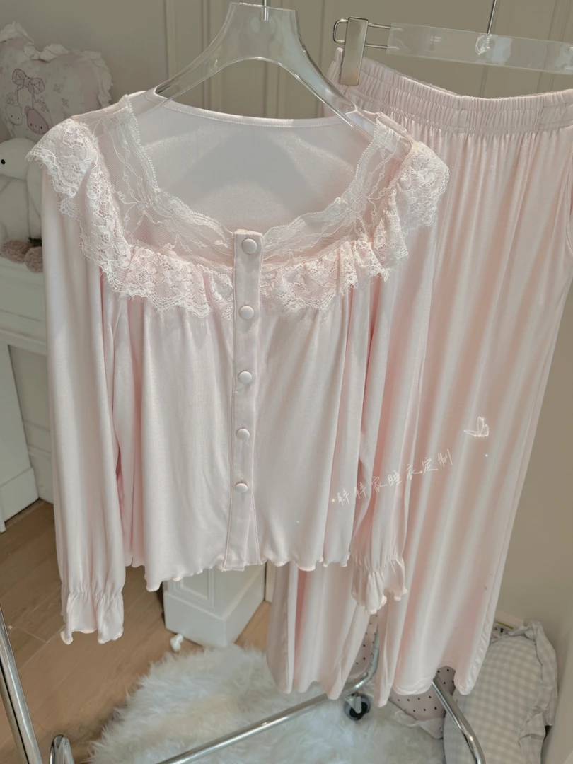 【茱萸】睡衣女春秋季纯欲可外穿带胸垫长袖家居服套装法式蕾丝