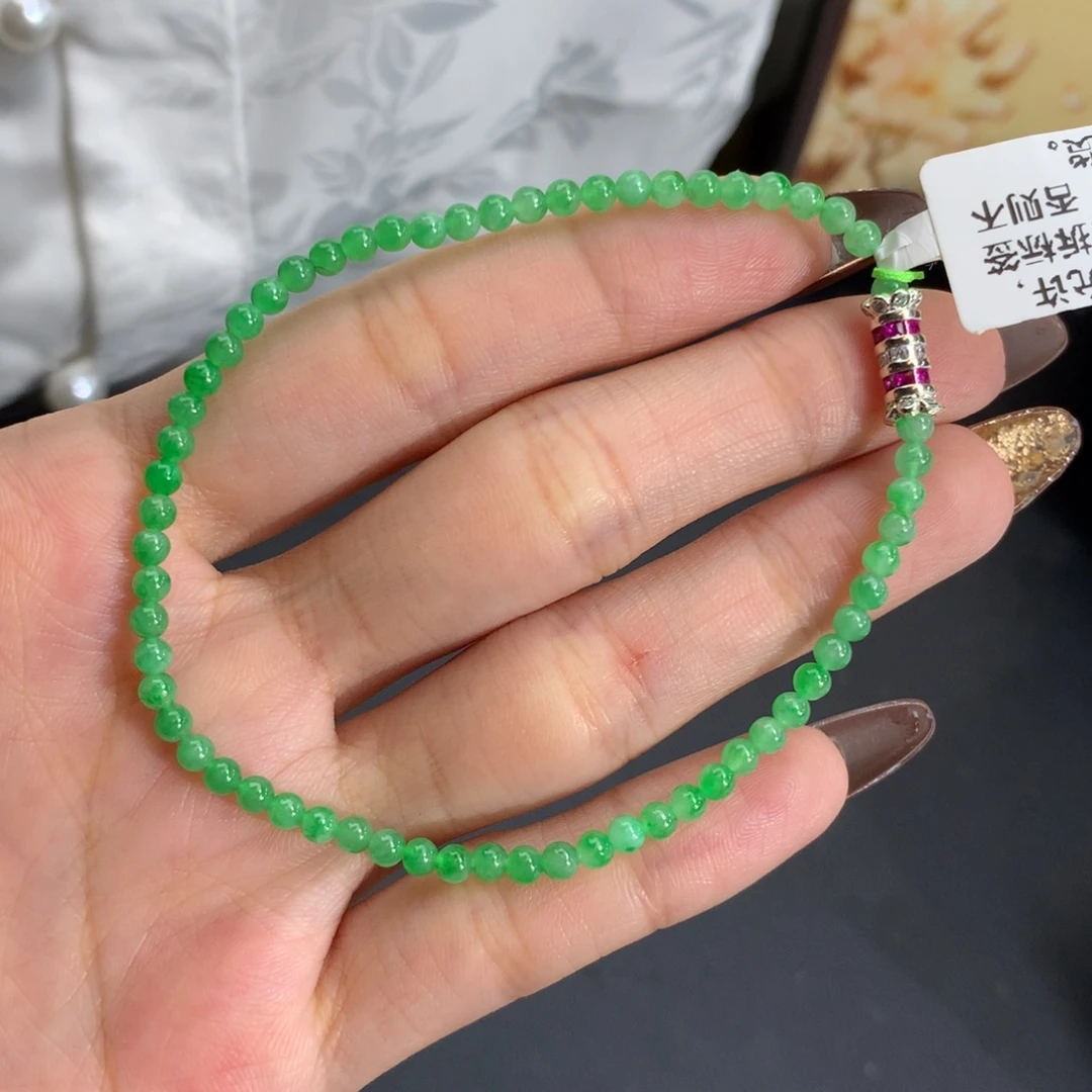 翡翠未镶嵌手串卡3冰胶阳绿小米手串