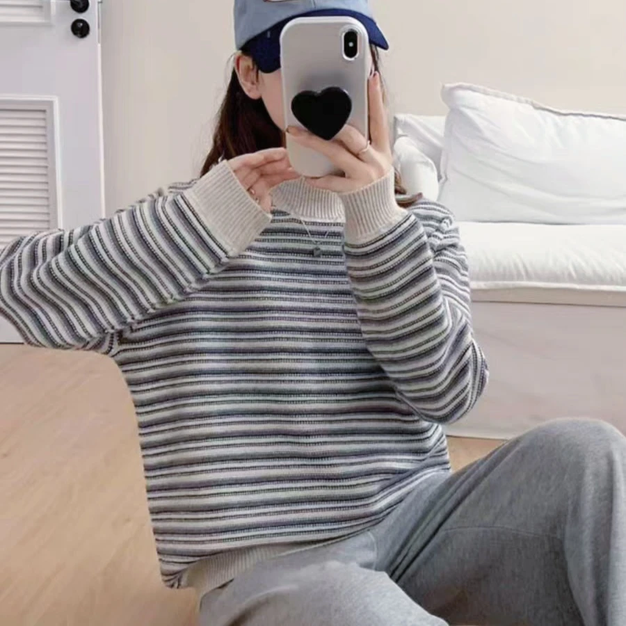 清-汤圆吖白色爆款时尚洋气宽松百搭条纹毛衣273268