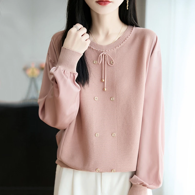 春竹羊毛衫早秋大码女士遮肚子显瘦气质雪纺袖针织衫打底衫上衣