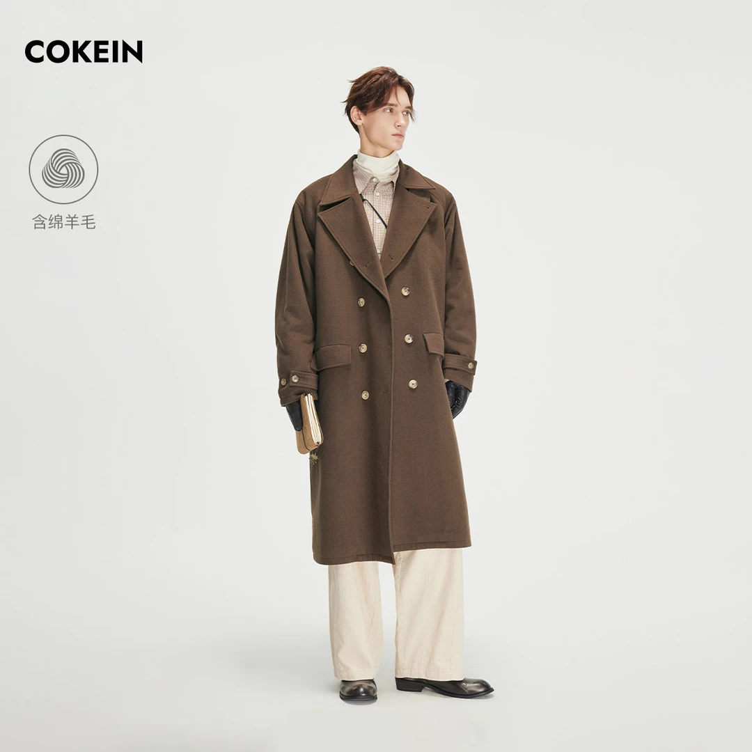 COKEIN羊毛大衣男2025年冬季翻驳领落肩上衣通勤休闲绗棉毛呢外套