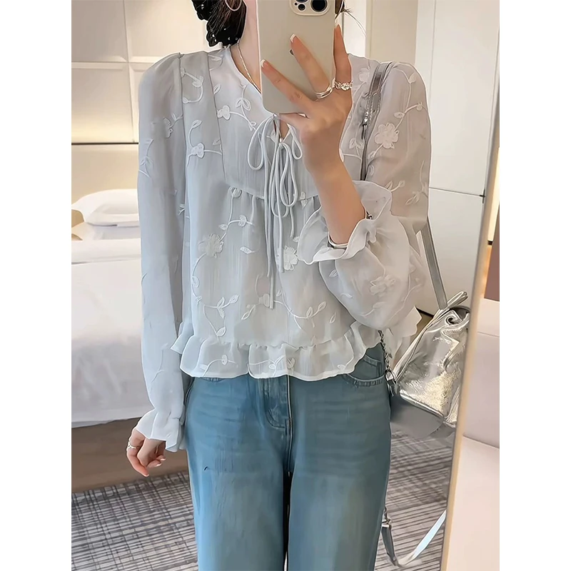 设计感小众荷叶边系带衬衫女2025春季新款法式气质独特漂亮小衫潮
