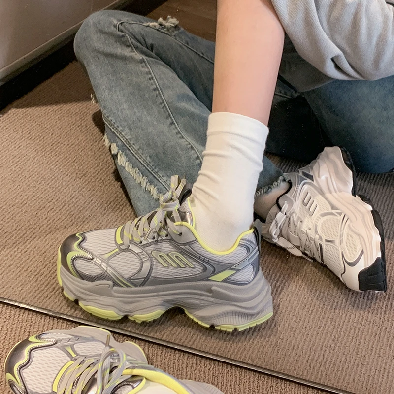 贾不假网红老爹鞋女ins2025清凉新款时尚百搭网面学生厚底运动鞋