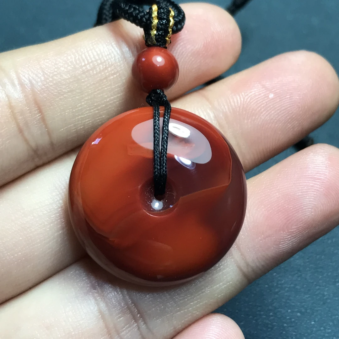 四川大凉山南红玛瑙柿子红玫红双色平安扣吊坠