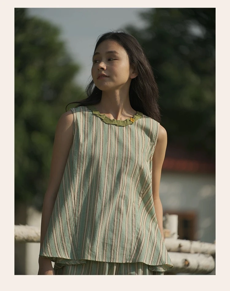 朵朵可可夏季新款条纹吊带短袖睡衣套装舒适居家服时尚绿色复古