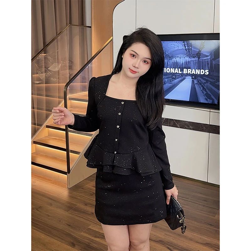 大梦微胖定制~【JMQ290】时尚法式小香风亮闪上衣+半裙