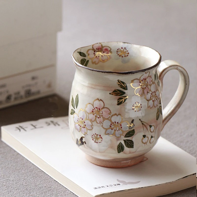 日本进口 京烧清水烧 森俊山手作 樱花陶瓷马克杯水杯茶杯A208