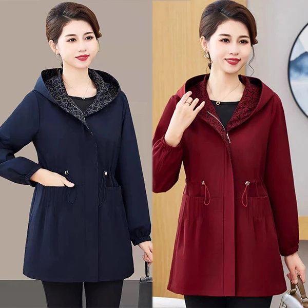 妈妈秋装中长款外套新款时尚洋气宽松大码上衣春秋连帽风衣女120