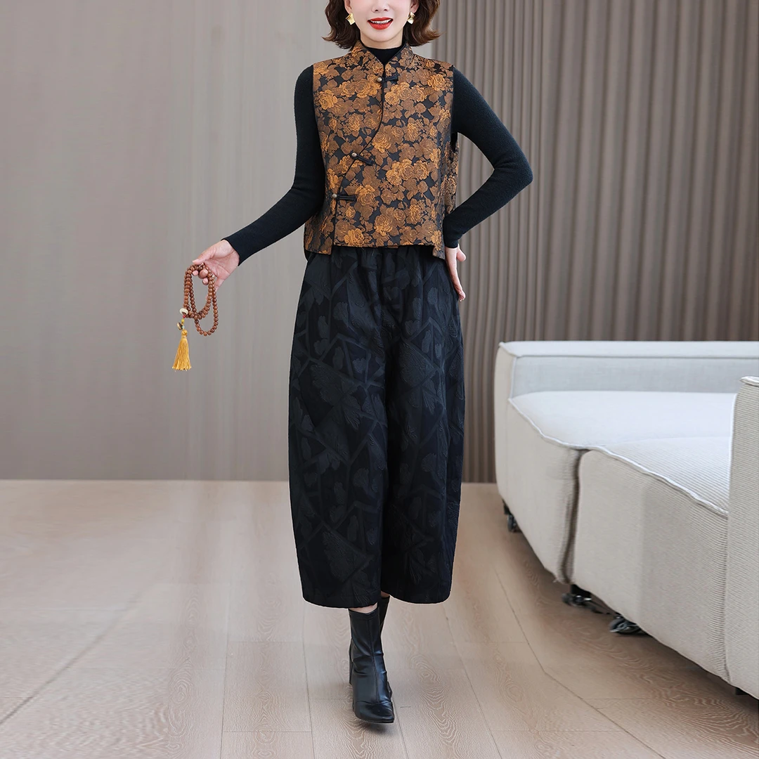 妈妈秋季2件一整套新中式国风阔腿裤马甲背心上衣高端洋气提花女