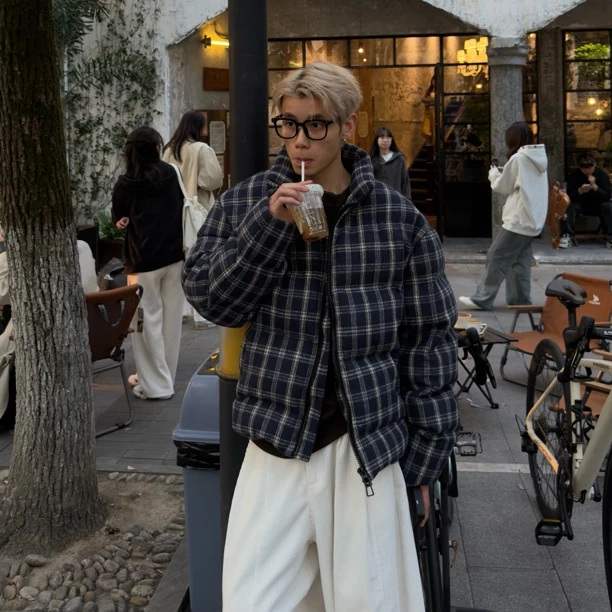 冬季短款格纹加厚保暖面包服男女情侣宽松棉服外套