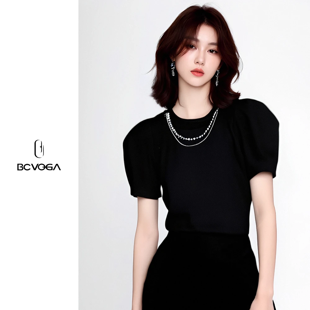 BCVOGA夏季短袖圆领打底泡泡袖千金风T恤显瘦气质黑色设计感百搭