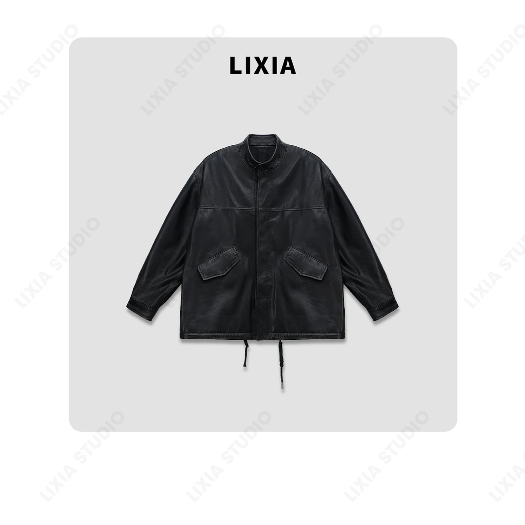 LIXIA【时光启迪】早春设计感单排扣小圆领下摆抽绳休闲皮衣-D6718