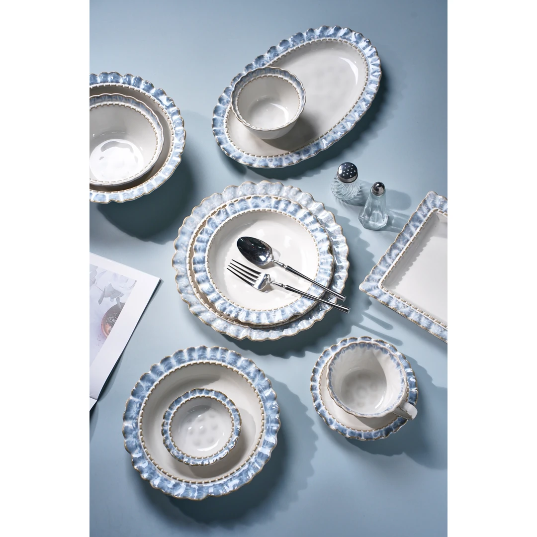 家用法式餐具套装烟蓝色花边碗碟盘子套装高级感陶瓷釉下彩餐具