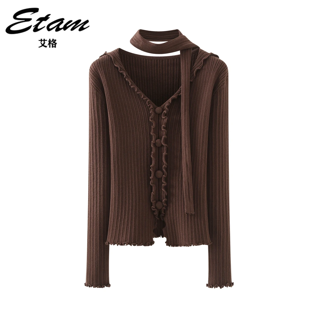 Etam/艾格复古小众木耳边V领显瘦针织衫2025秋季新款飘带百搭上衣