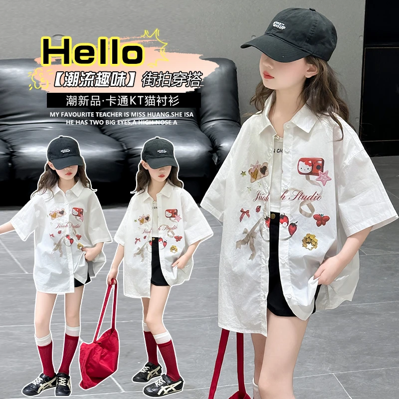 女童短袖衬衫夏装2025新款中大童洋气韩版半袖衬衣夏季休闲上衣薄
