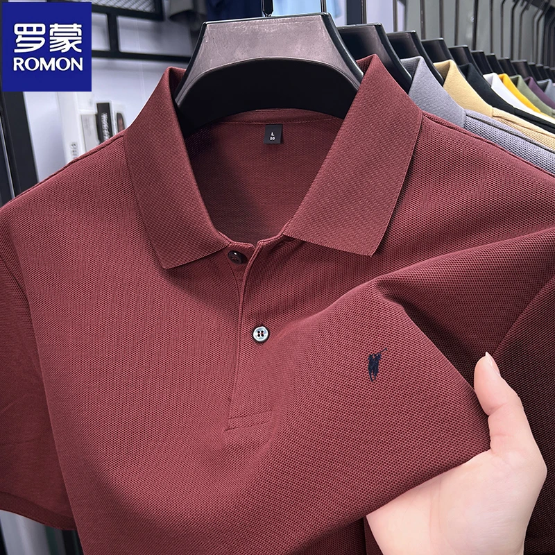 罗蒙纯棉男士短袖t恤2025新款夏季休闲翻领马标刺绣长绒棉POLO衫