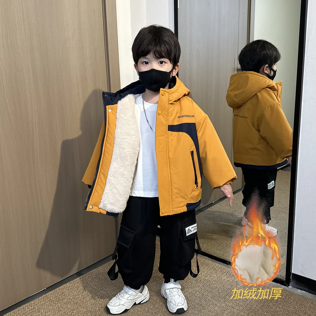 男童加绒外套秋冬2025新款帅气儿童冬装棉衣男孩宝宝加厚派克服潮
