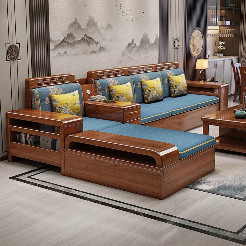新中式胡桃木实木沙发客厅现代简约小户型家用直排带储物茶几组合