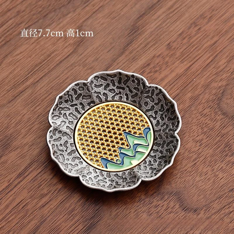 中式仿古银合金茶杯垫竹席隔热茶杯杯托茶碟功夫茶具配件带收纳架