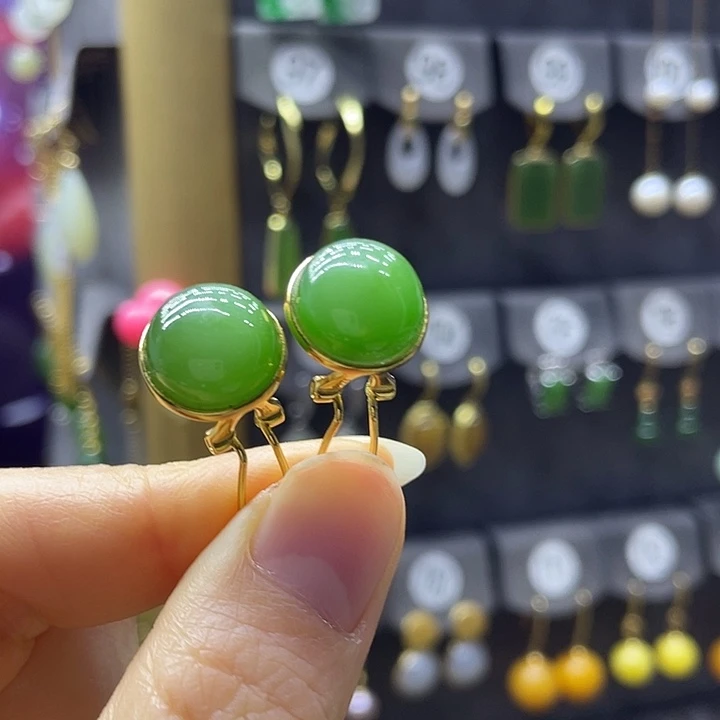 和田玉银S925镀金镶嵌耳饰