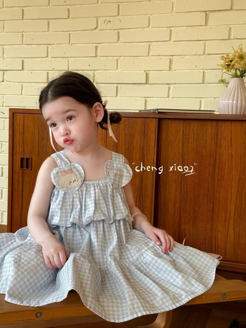 女童蓝色卡通格子吊带连衣裙（CXQ-5285-夏A）-无