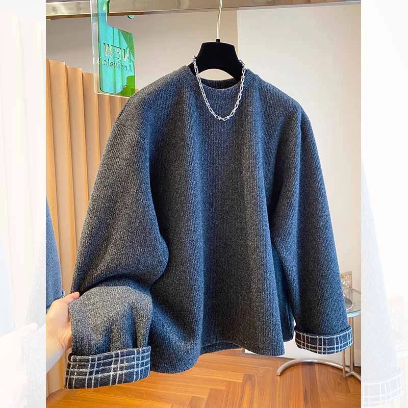 高级感灰色复古加绒针织卫衣女秋冬大码新款宽松套头圆领保暖上衣