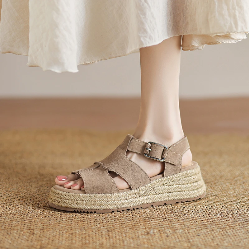 5cm时尚休闲松糕底复古凉鞋磨砂牛皮露趾坡跟厚底杏色真皮罗马鞋